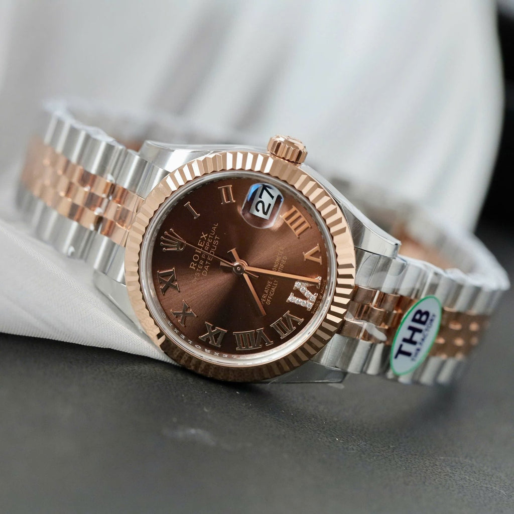 Rolex DateJust Women Demi Rose Gold Watch Chocolate Dial 31mm