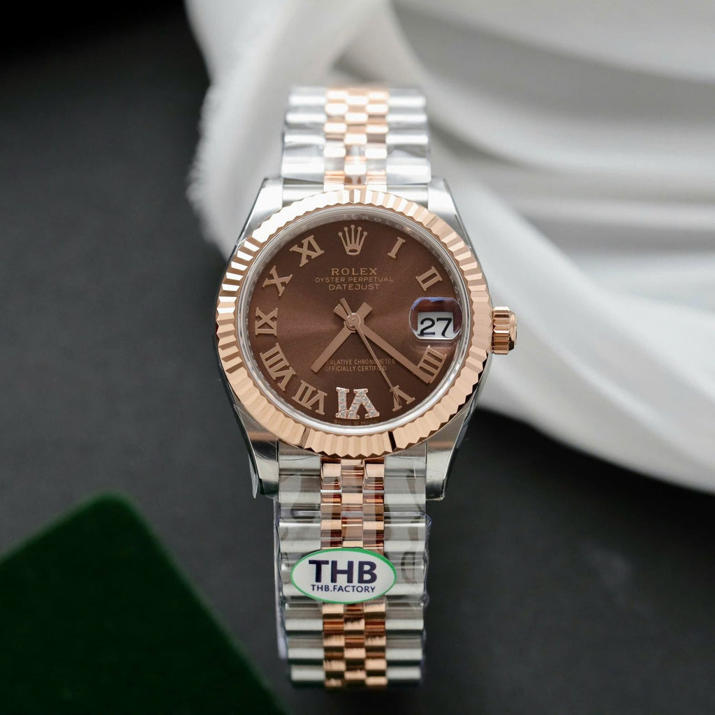 Rolex DateJust Women Demi Rose Gold Watch Chocolate Dial 31mm