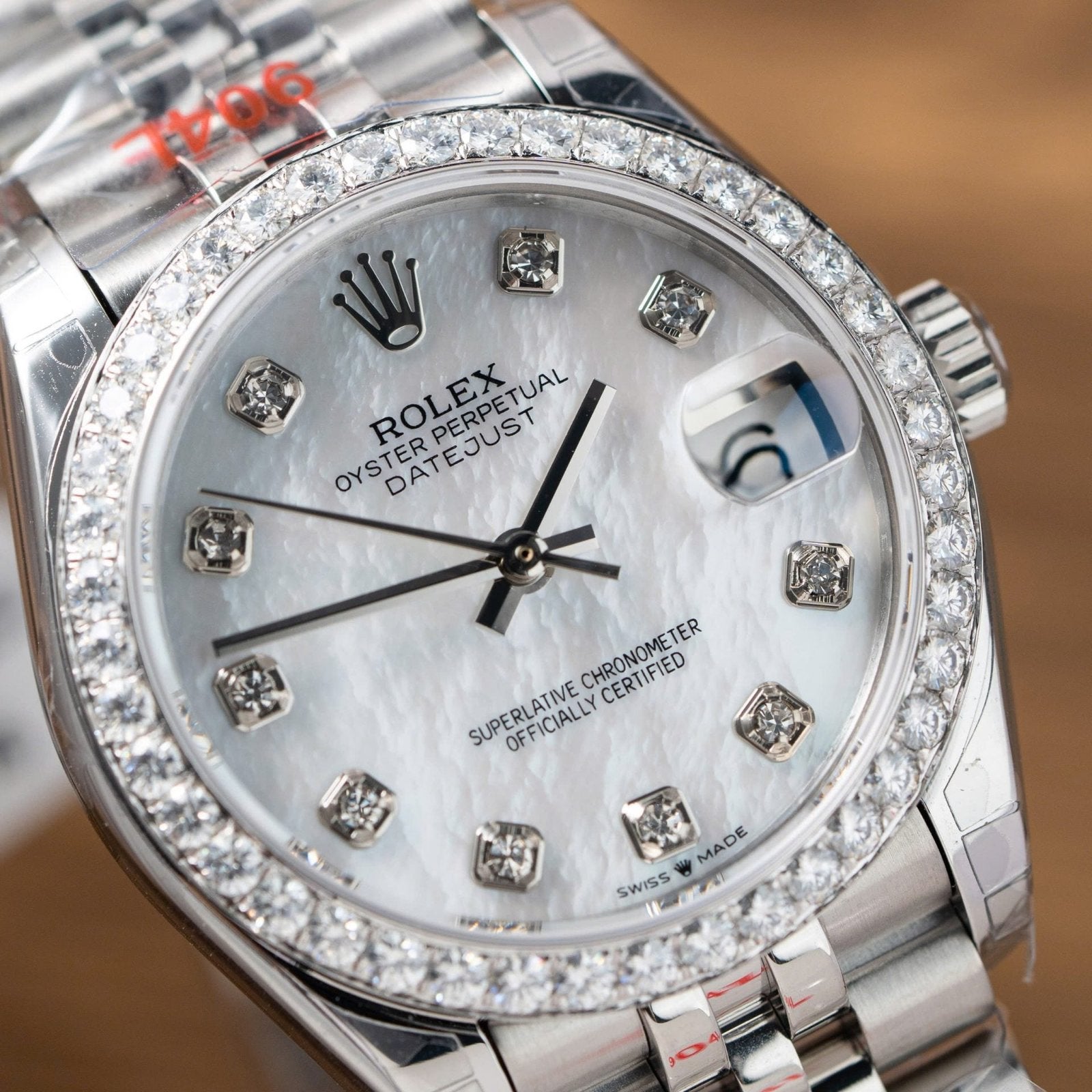 Rolex DateJust Watch Mother Of Pearl Dial With Moissanite Bezel 31mm