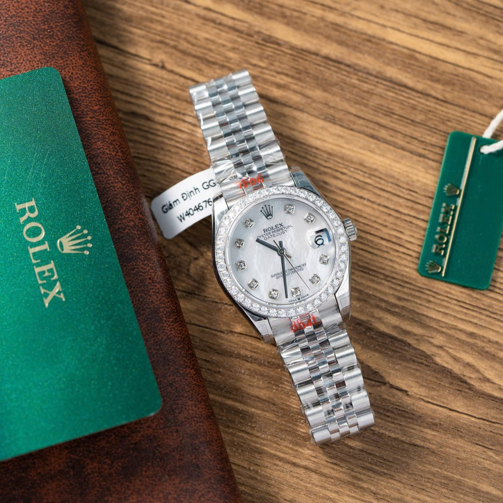 Rolex DateJust Watch Mother Of Pearl Dial With Moissanite Bezel 31mm