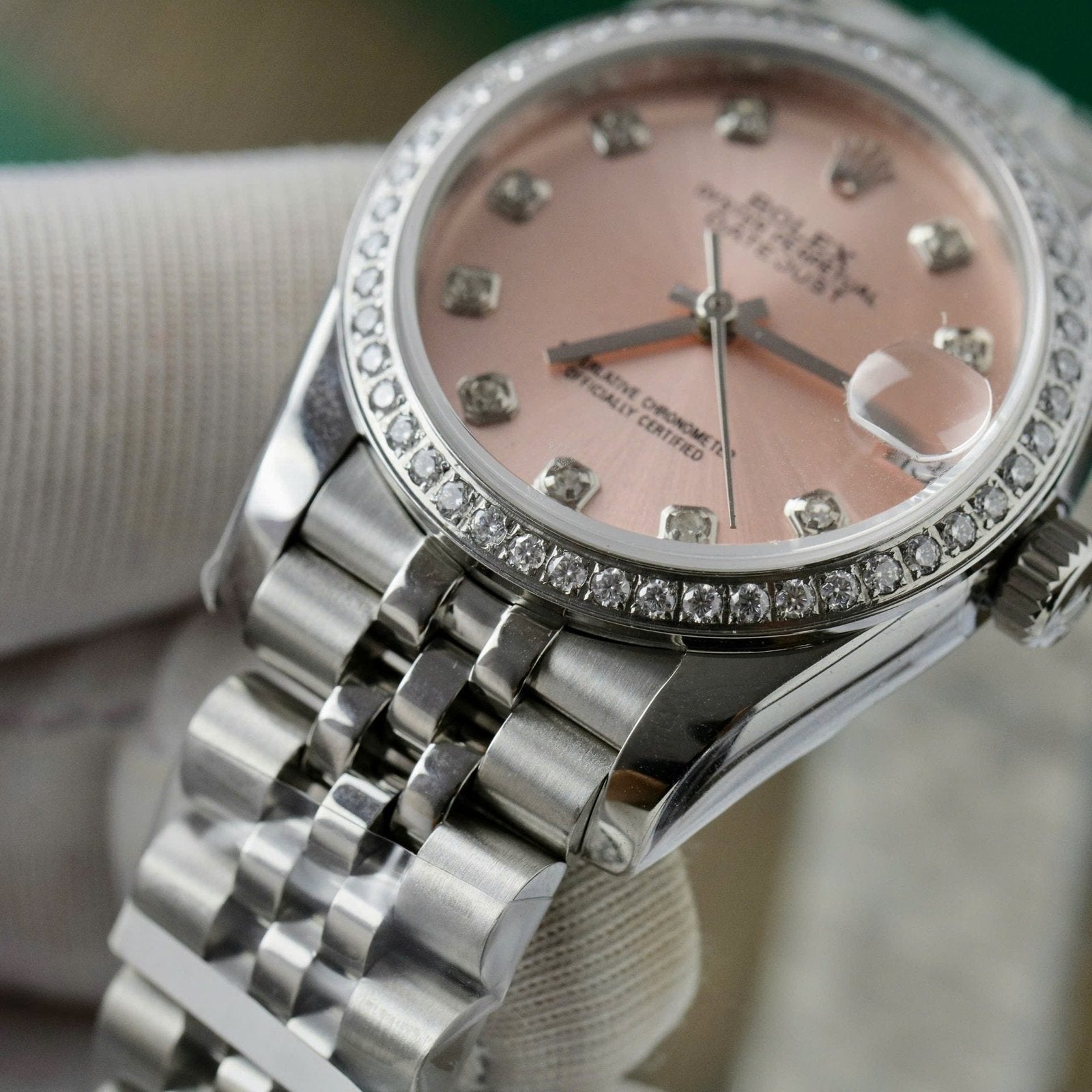 Rolex Date Just Watch Womens Pink Dial Moissanite Diamonds 31mm