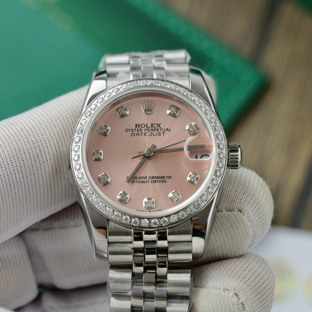 Rolex Date Just Watch Womens Pink Dial Moissanite Diamonds 31mm