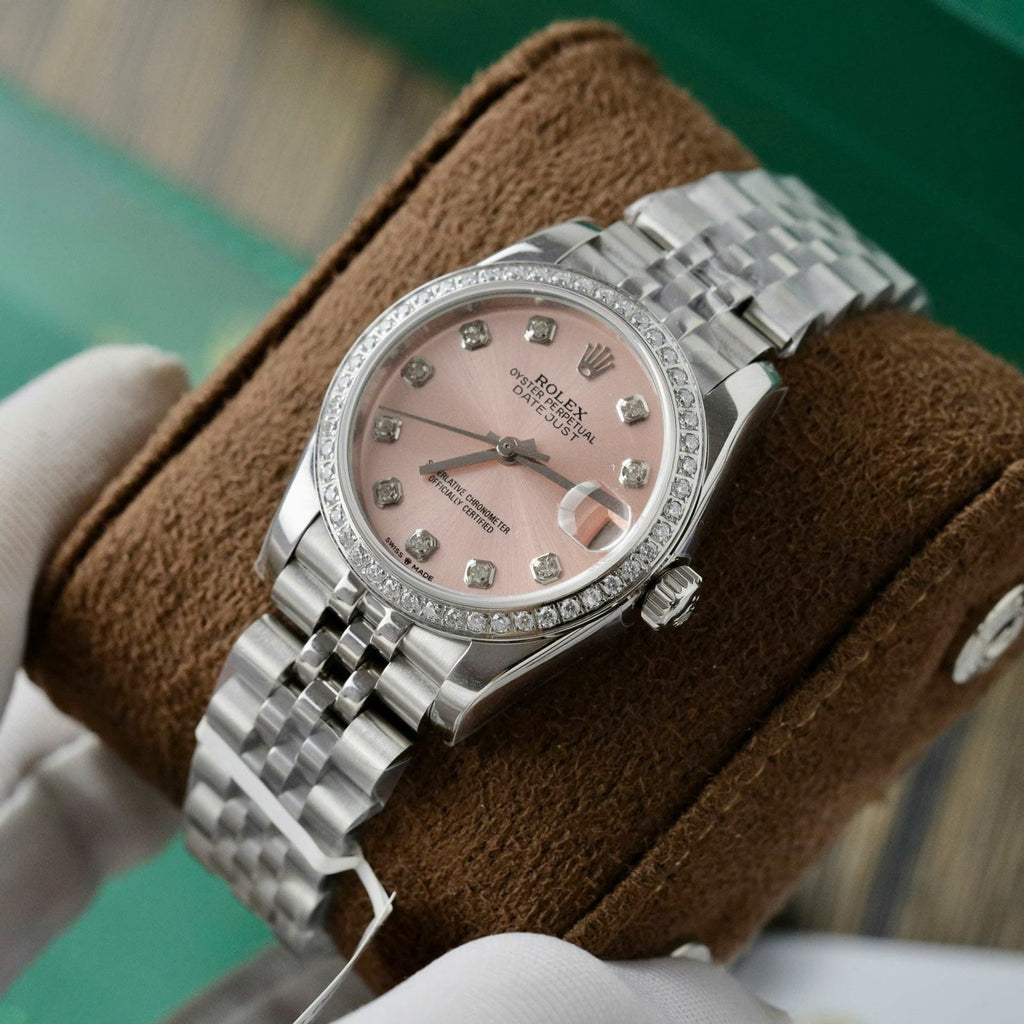 Rolex Date Just Watch Womens Pink Dial Moissanite Diamonds 31mm