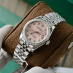 Rolex Date Just Watch Womens Pink Dial Moissanite Diamonds 31mm