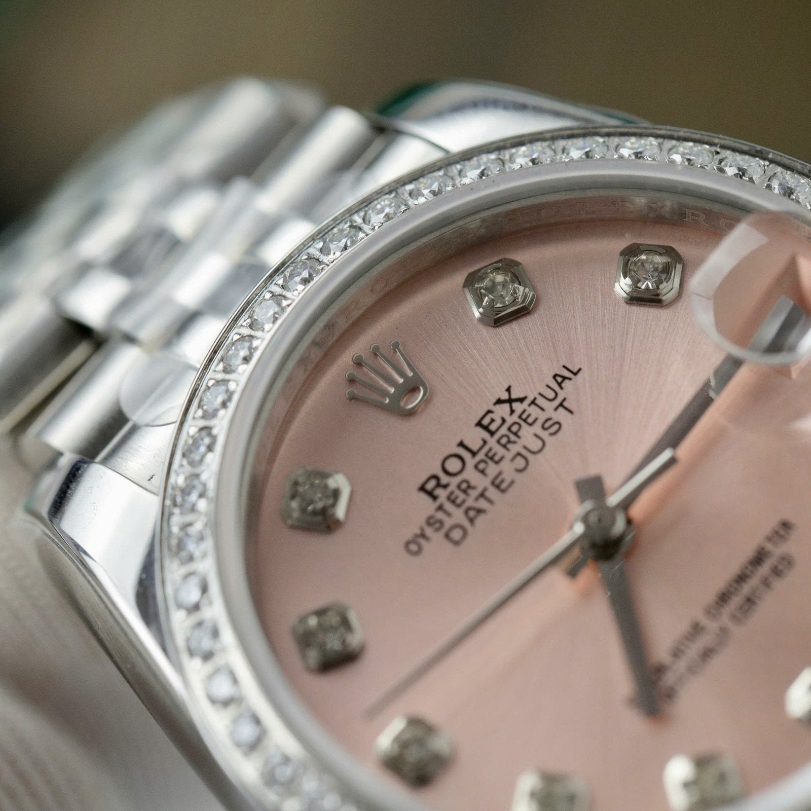 Rolex Date Just Watch Womens Pink Dial Moissanite Diamonds 31mm