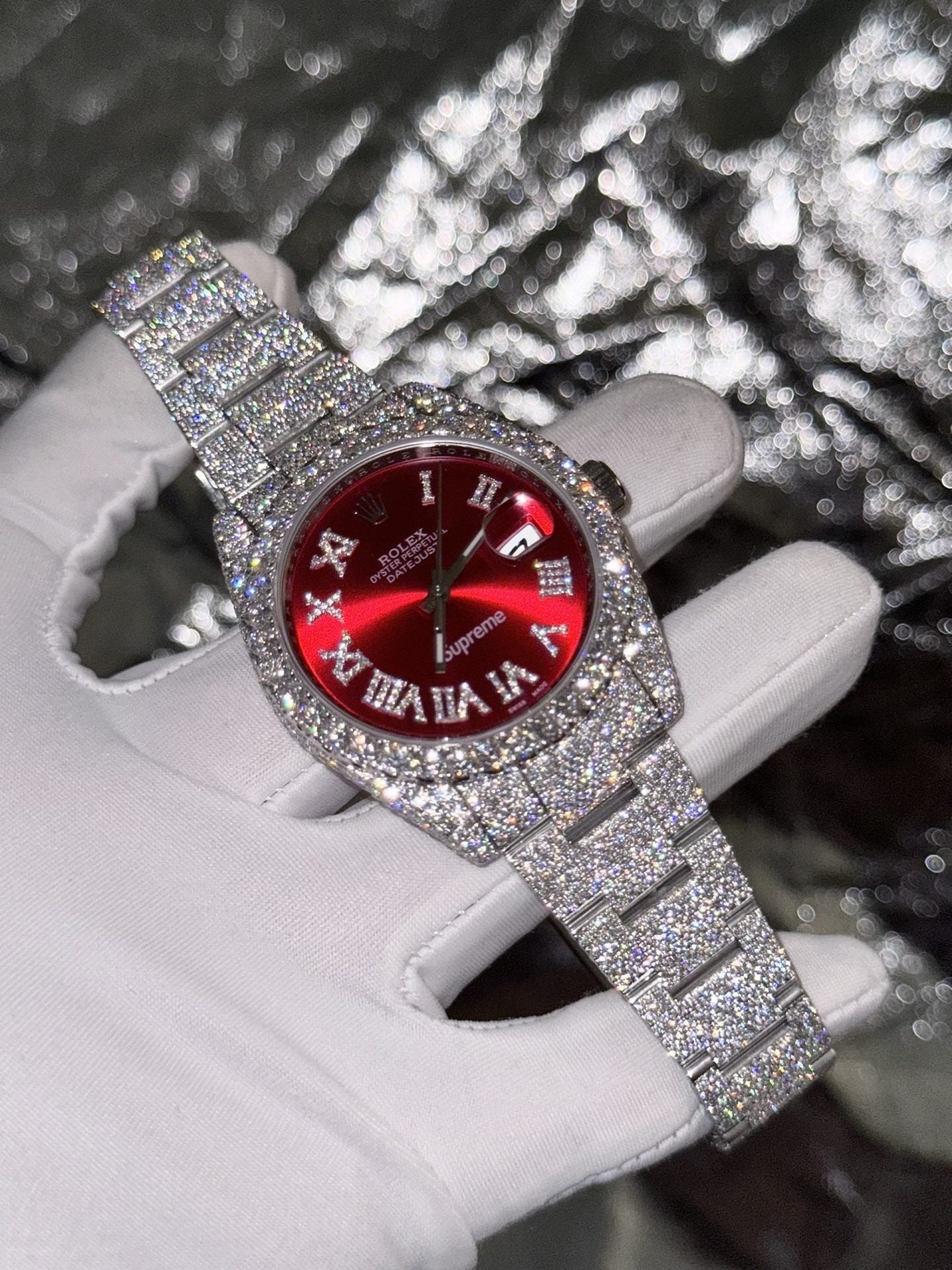 Rolex Watch DateJust Supreme Moissanite Diamonds Red Dial 41mm