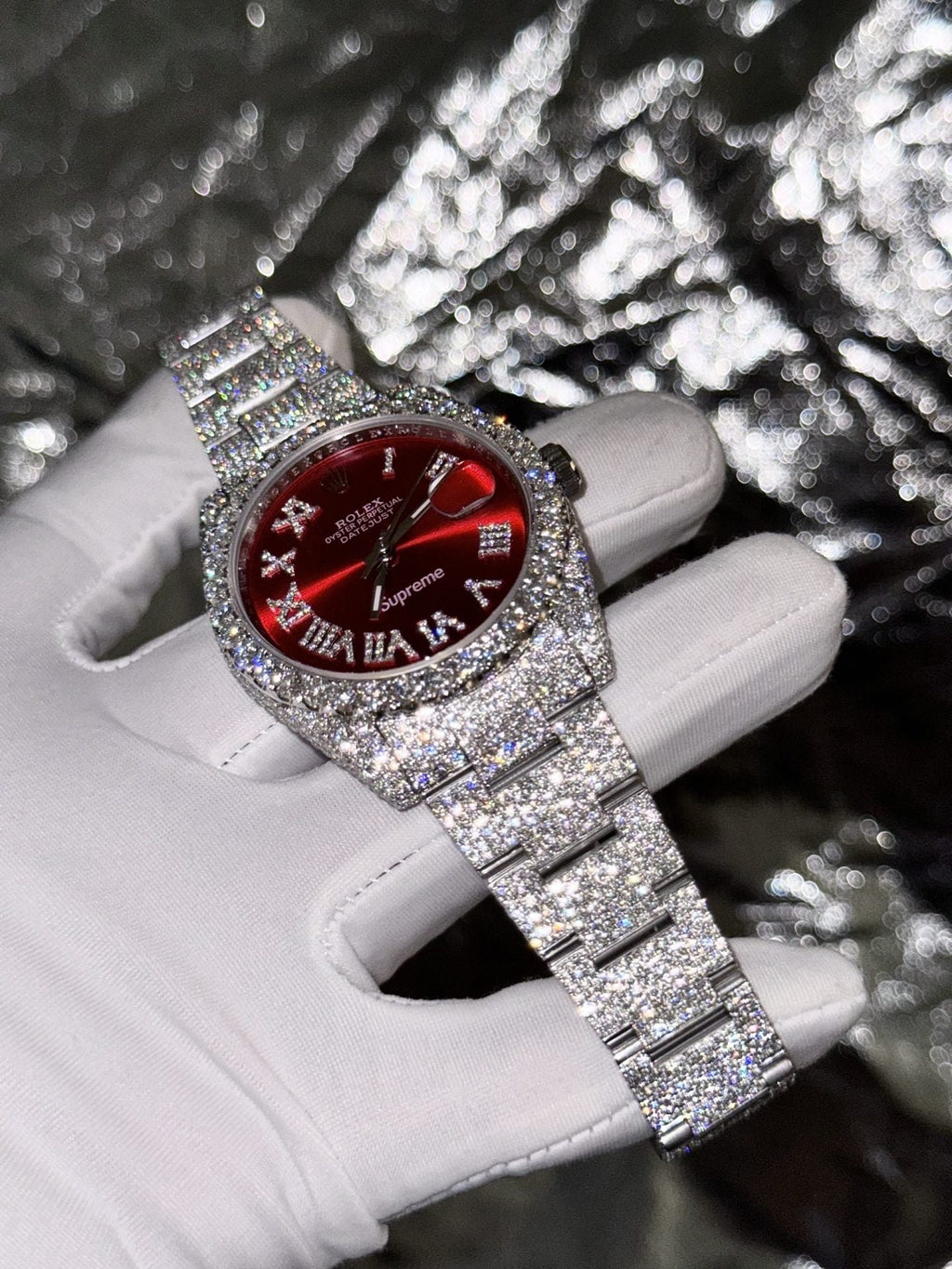 Rolex Watch DateJust Supreme Moissanite Diamonds Red Dial 41mm