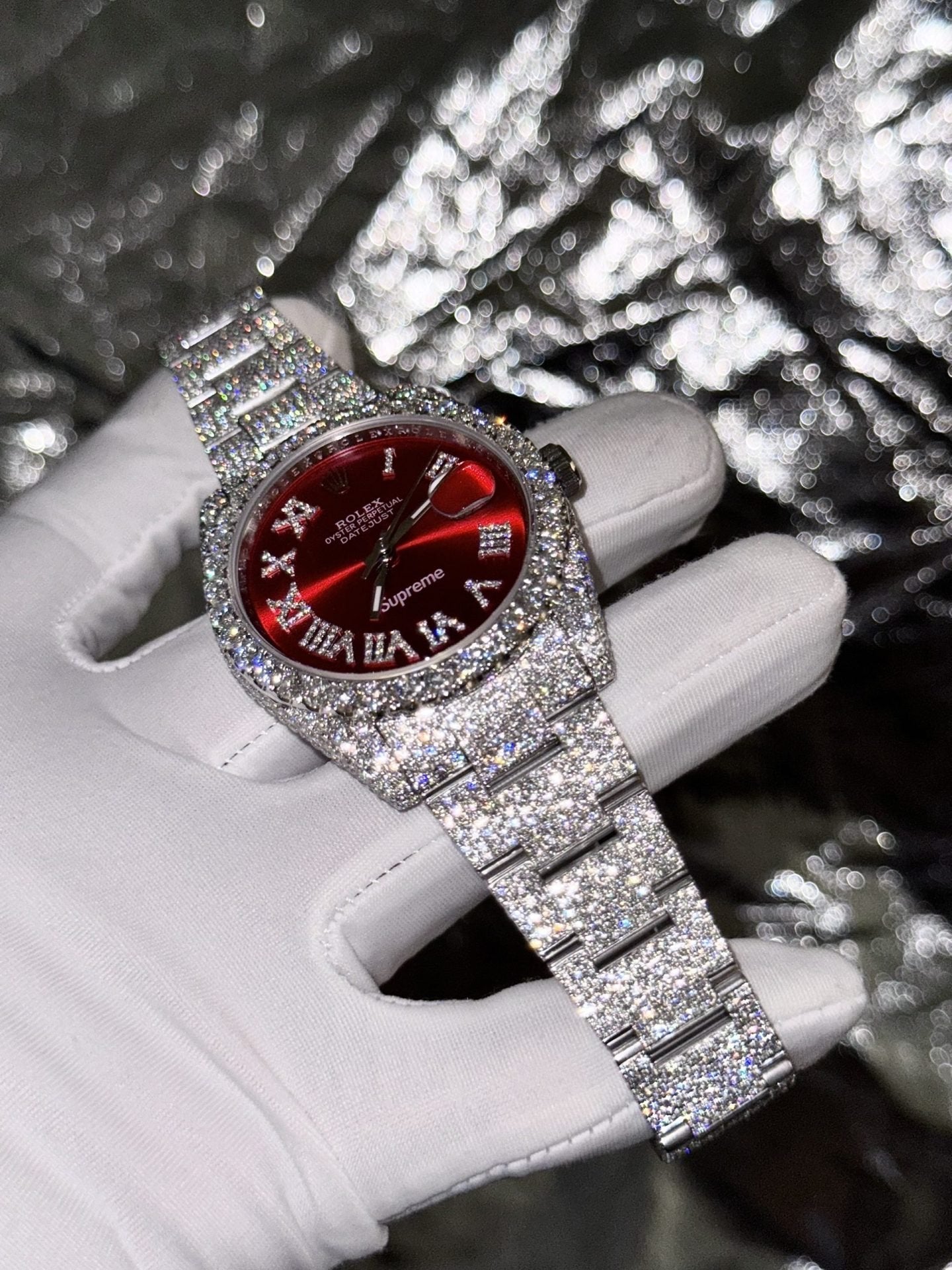 Rolex Watch DateJust Supreme Moissanite Diamonds Red Dial 41mm
