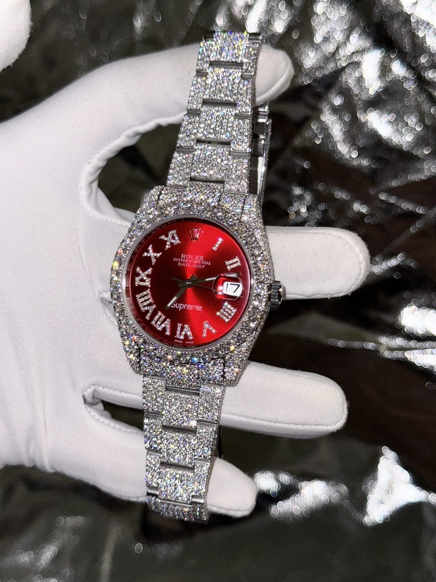 Rolex Watch DateJust Supreme Moissanite Diamonds Red Dial 41mm