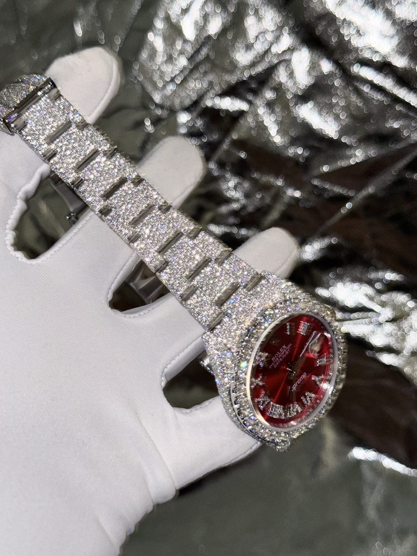 Rolex Watch DateJust Supreme Moissanite Diamonds Red Dial 41mm