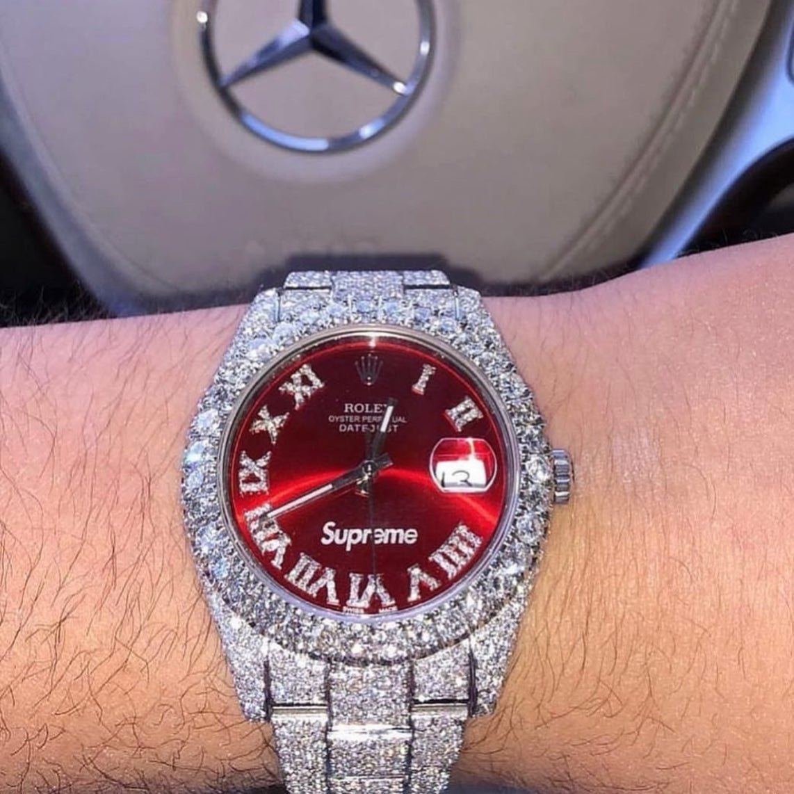 Rolex Watch DateJust Supreme Moissanite Diamonds Red Dial 41mm