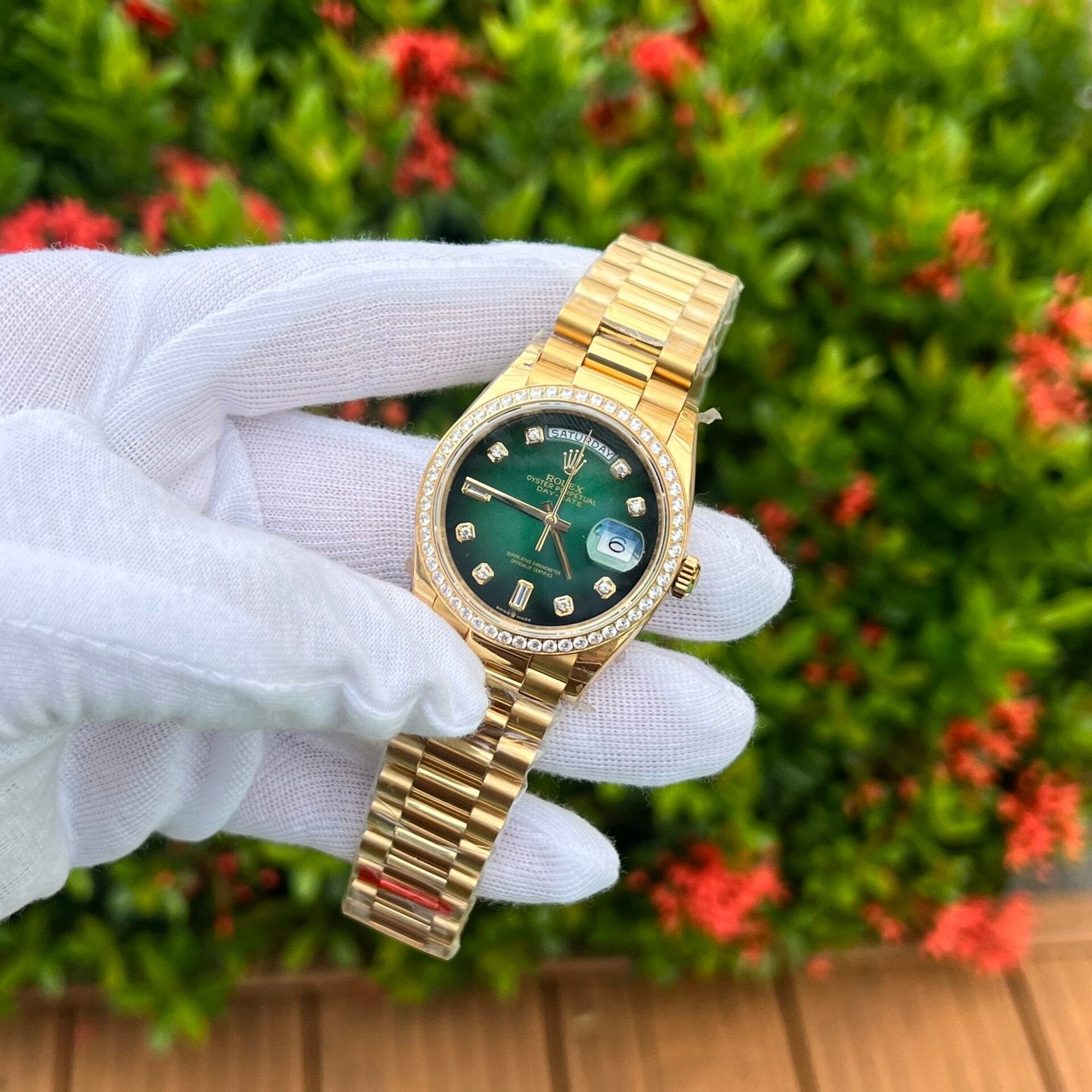 Rolex Day-Date 128348RBR Ombre Green Dial Watch EW 36mm