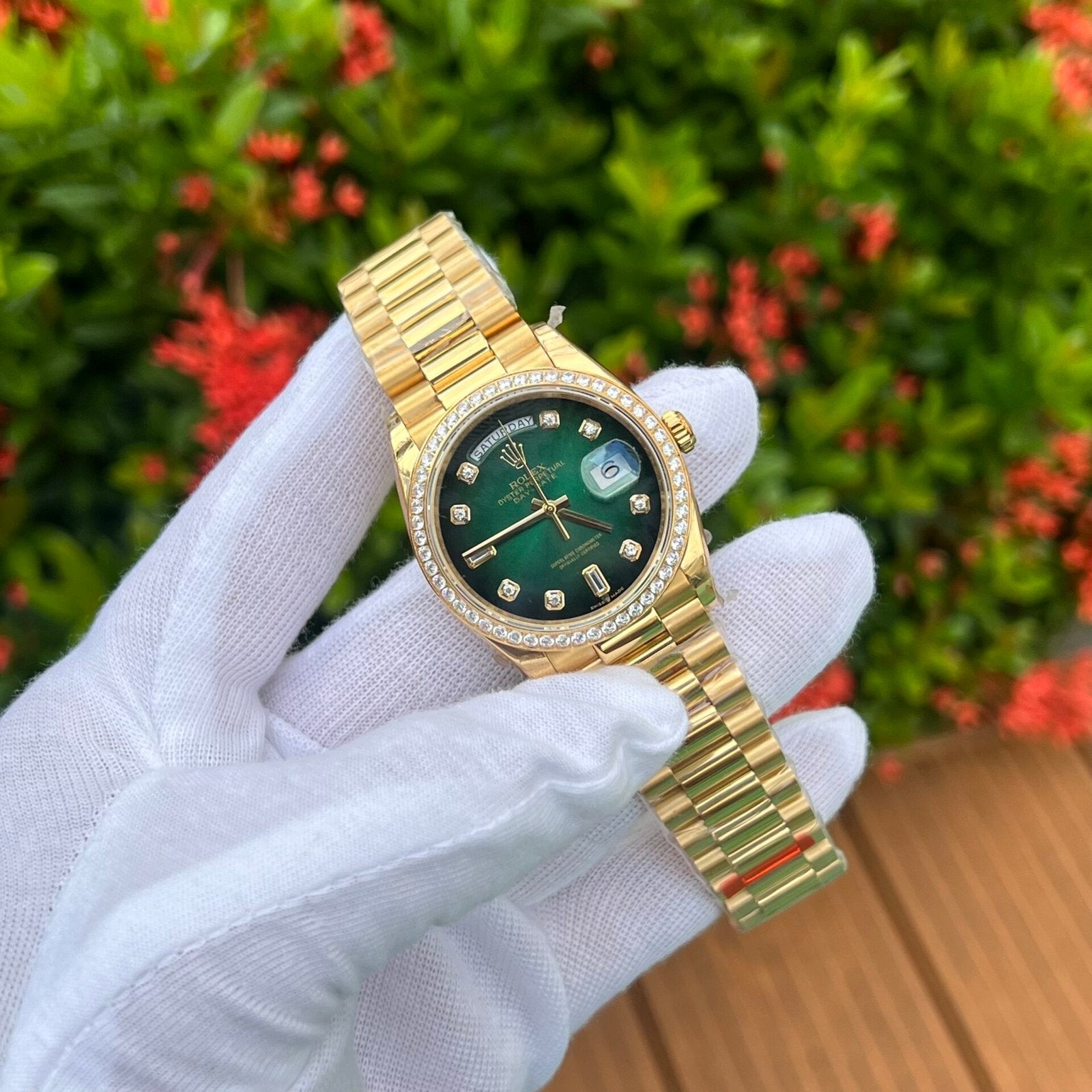 Rolex Day-Date 128348RBR Ombre Green Dial Watch EW 36mm