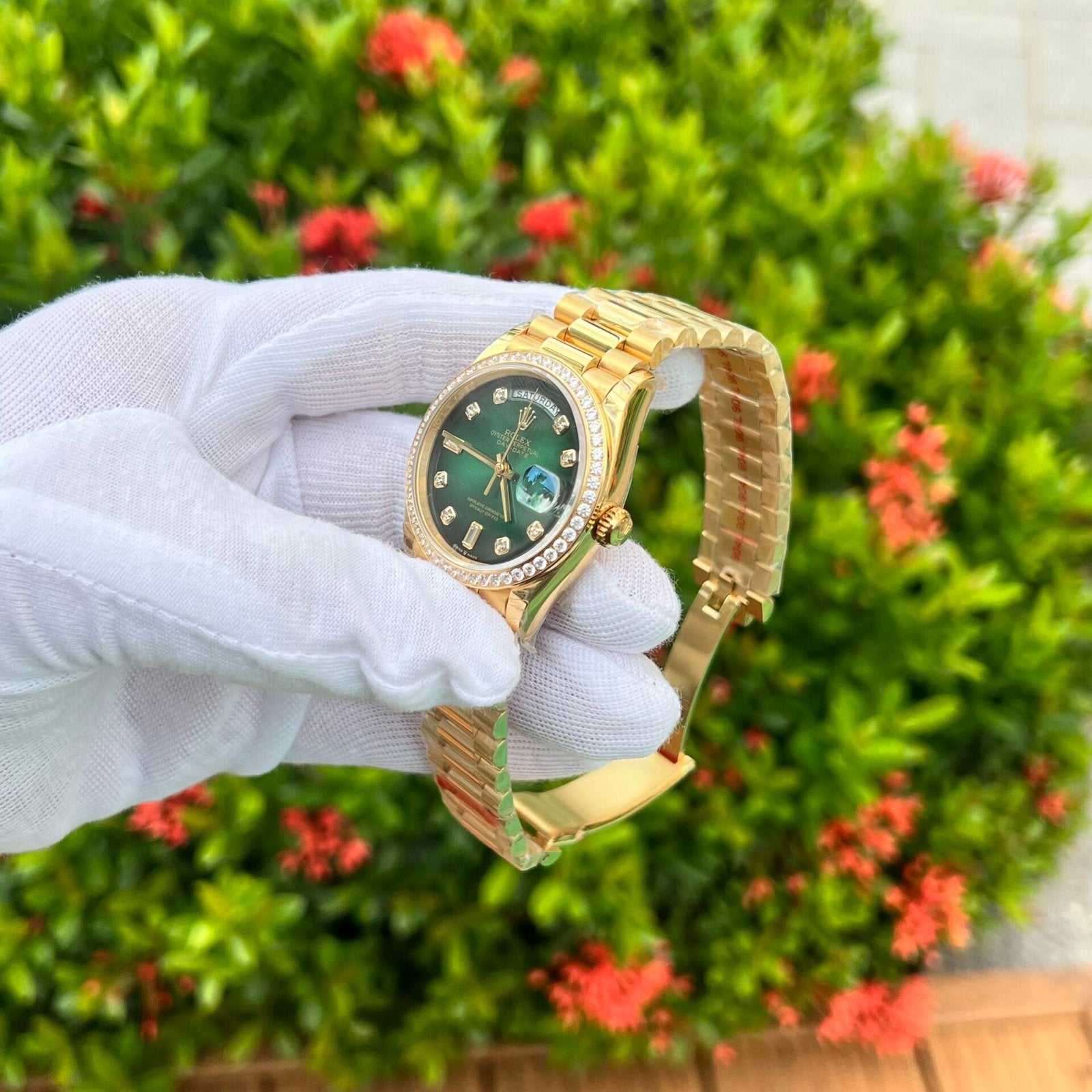 Rolex Day-Date 128348RBR Ombre Green Dial Watch EW 36mm