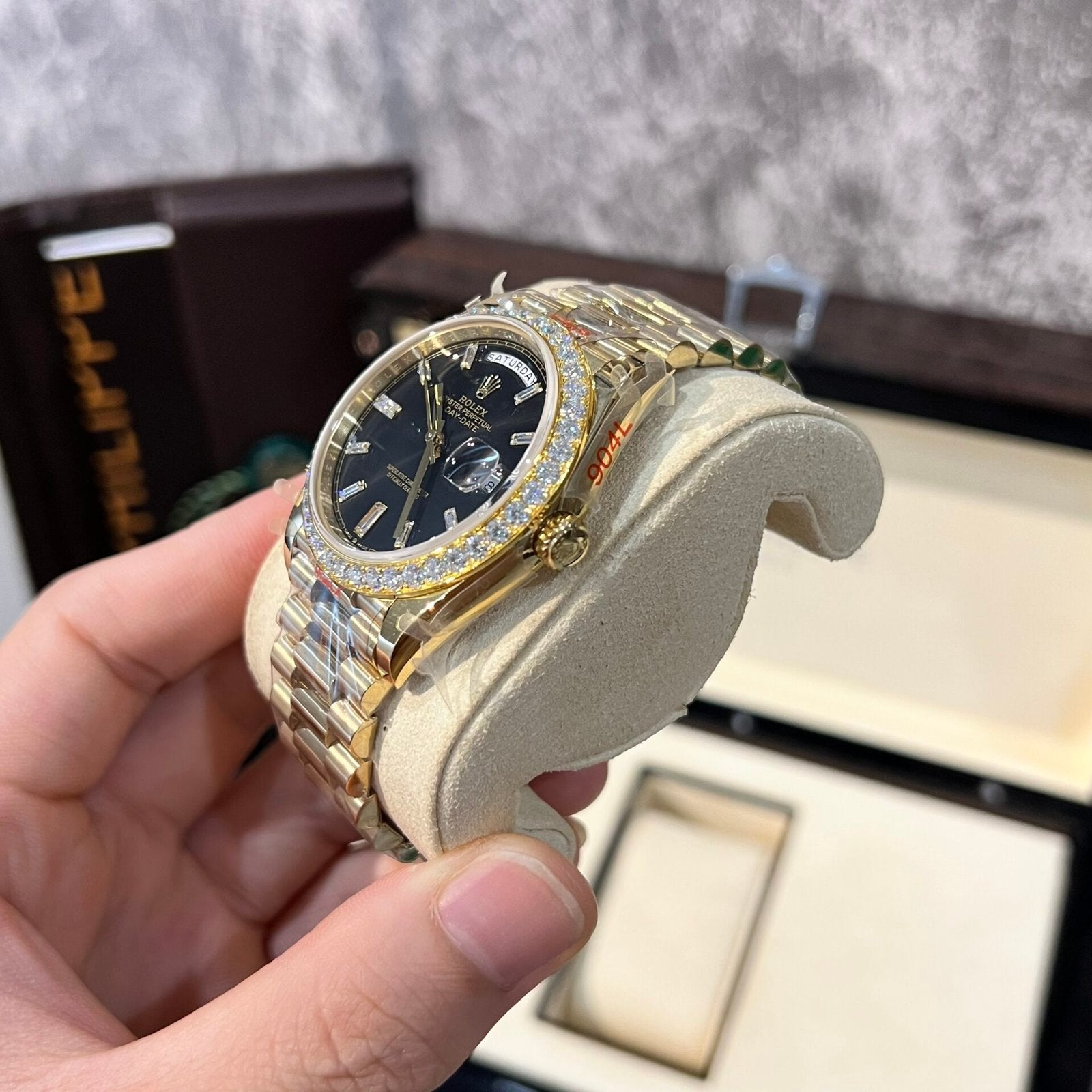 Rolex Day-Date 228238 Watch Black Dial Refined Moissanite Diamond 40mm