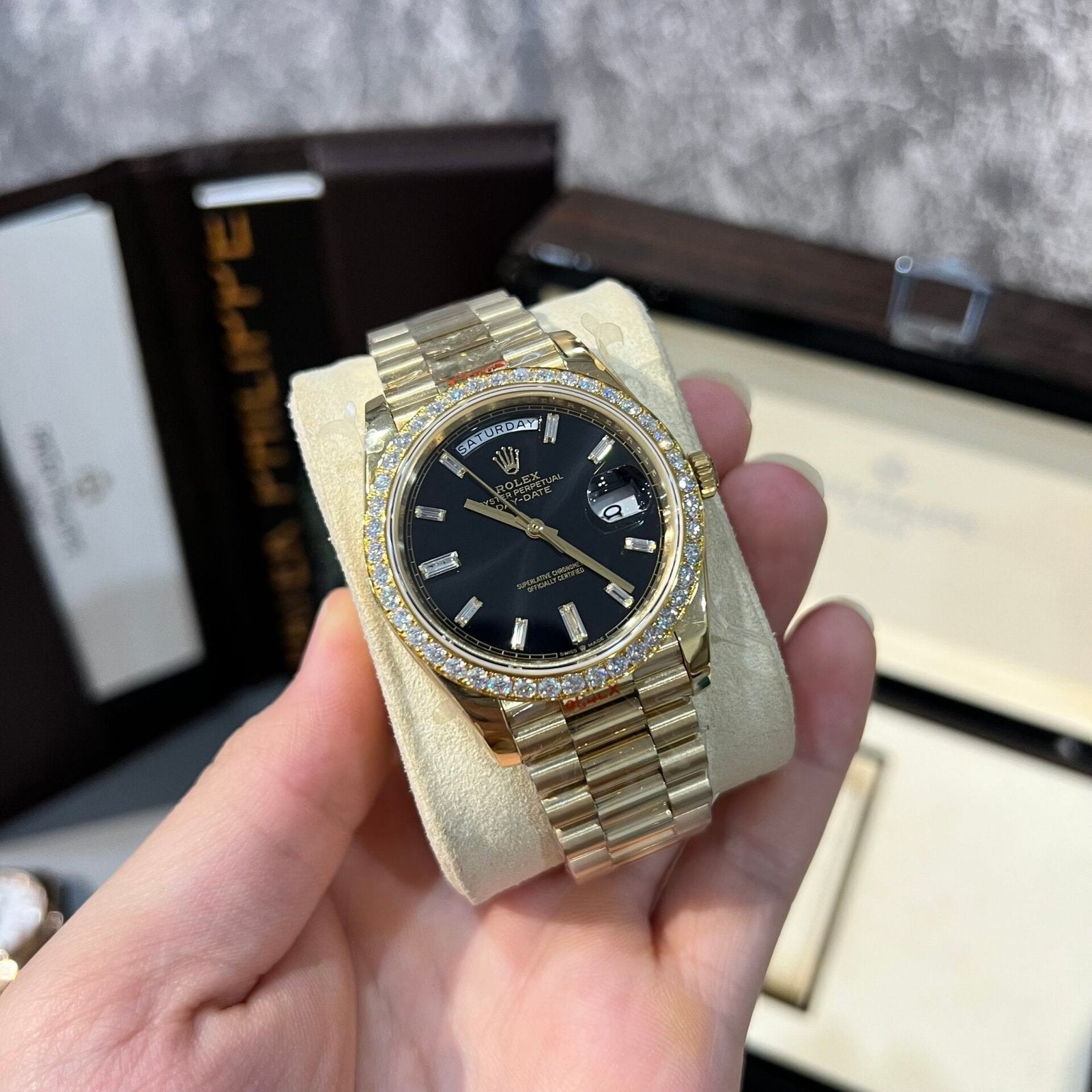 Rolex Day-Date 228238 Watch Black Dial Refined Moissanite Diamond 40mm