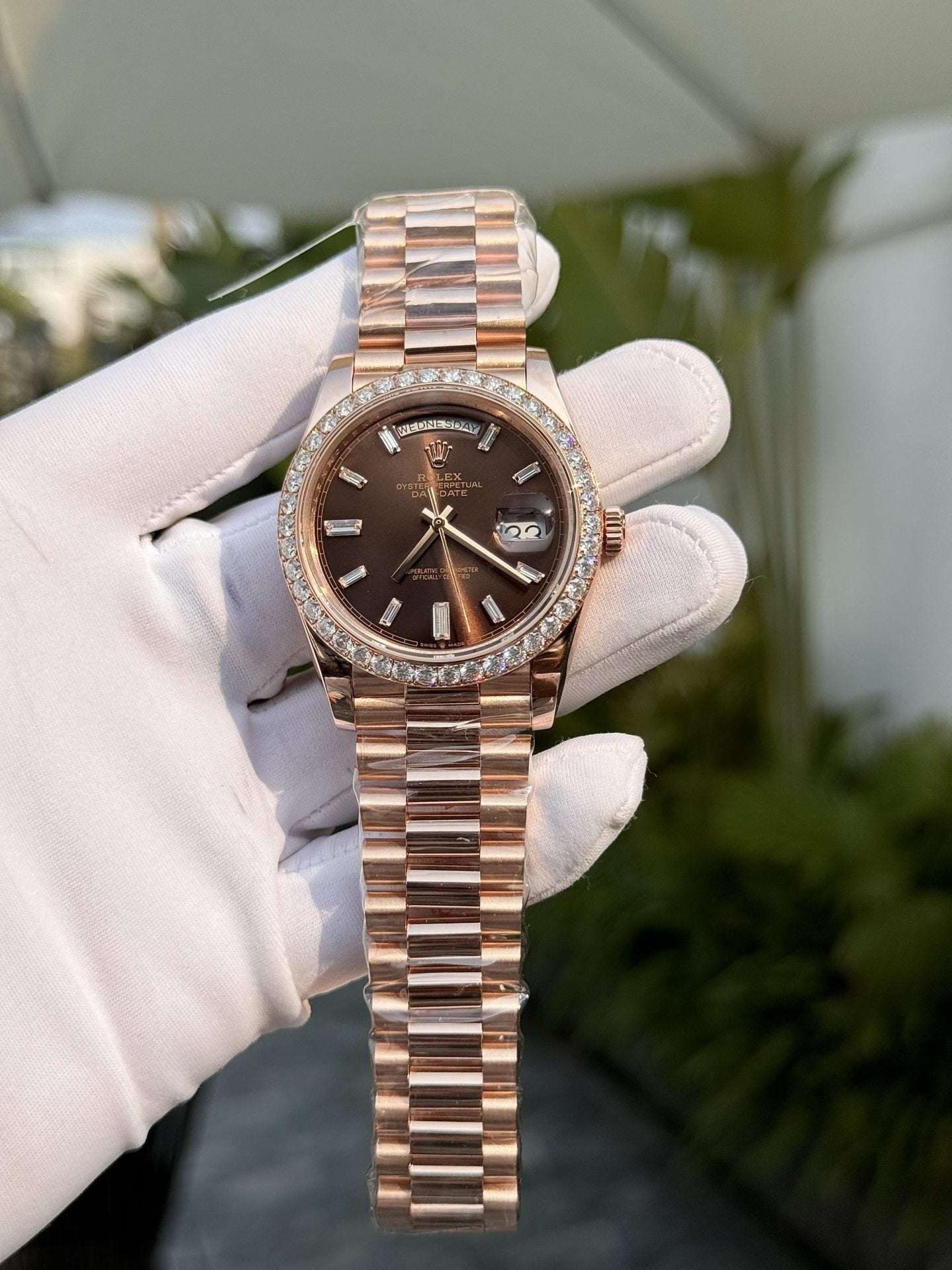 Rolex Watch Day-Date Gold Wrapped Moissanite Diamonds Dial Chocolate 40mm