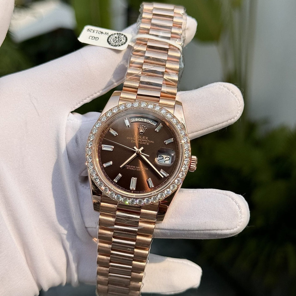 Rolex Watch Day-Date Gold Wrapped Moissanite Diamonds Dial Chocolate 40mm