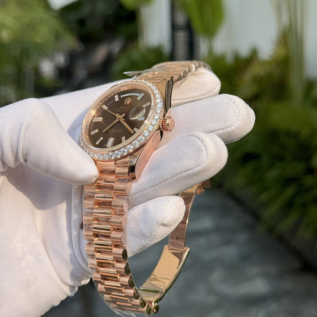 Rolex Watch Day-Date Gold Wrapped Moissanite Diamonds Dial Chocolate 40mm