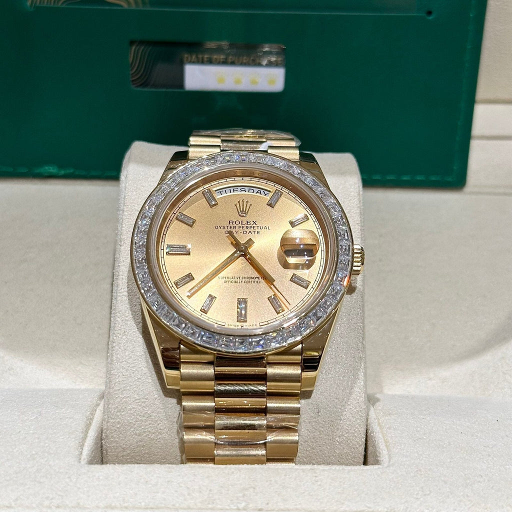 Rolex Day-Date Watch Gold Wrapped Moissanite Baguette Diamond 40mm