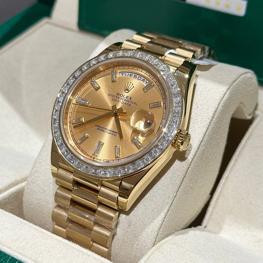 Rolex Day-Date Watch Gold Wrapped Moissanite Baguette Diamond 40mm