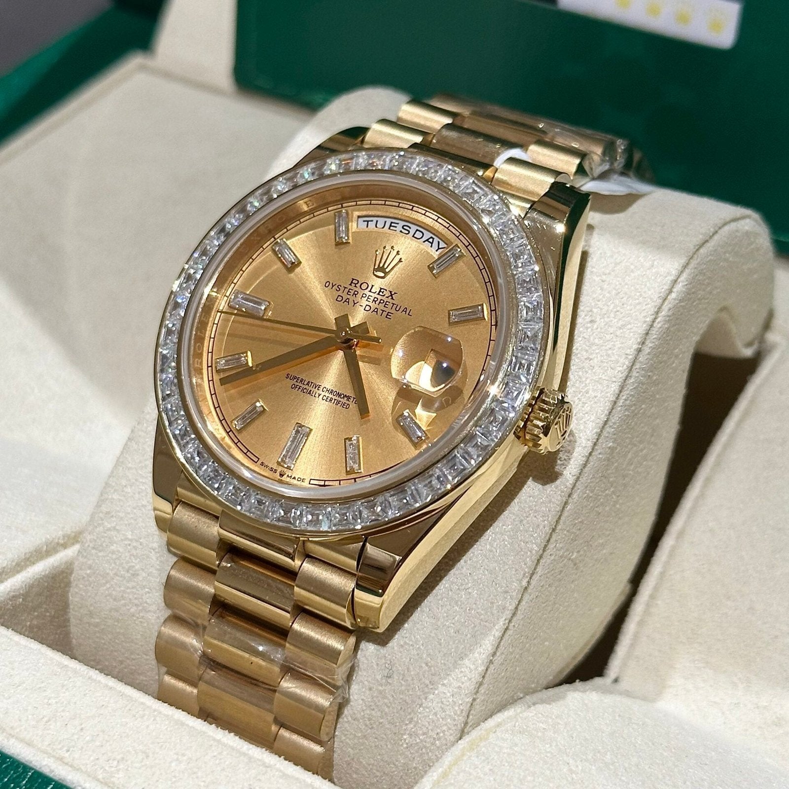 Rolex Day-Date Watch Gold Wrapped Moissanite Baguette Diamond 40mm