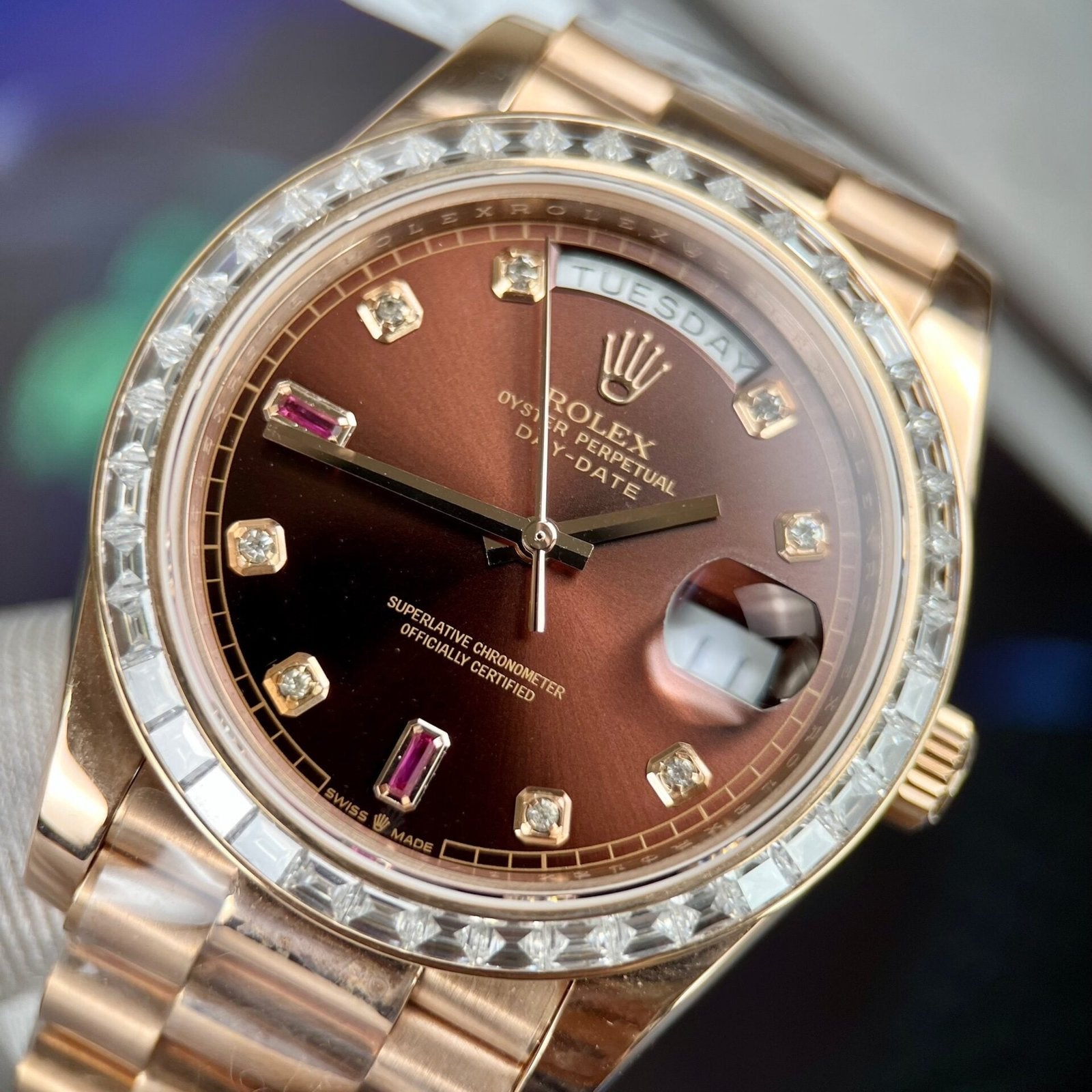 Rolex Day-Date Gold Wrapped Watch With Moissanite Ruby Red Diamond 40mm