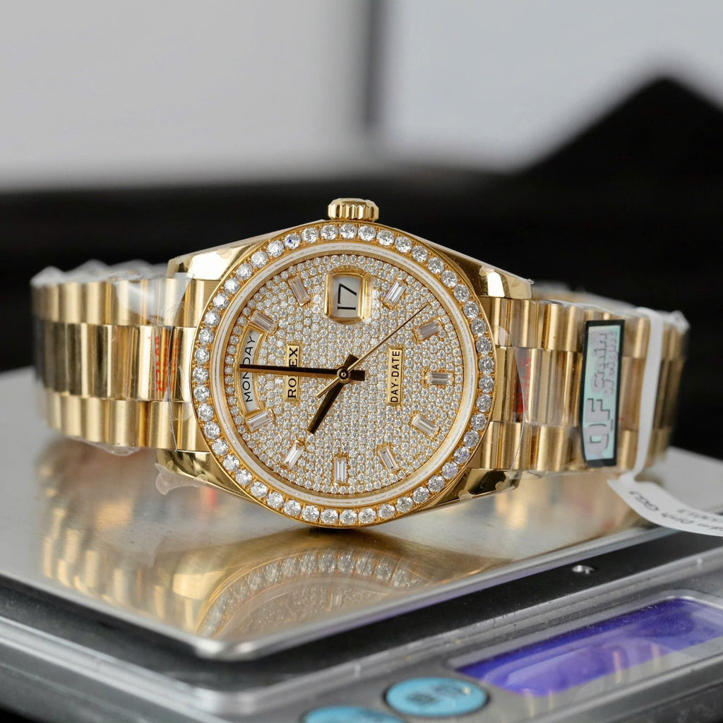 Rolex Day-Date Watch 18K Gold Wrapped + Moissanite Diamonds 36mm