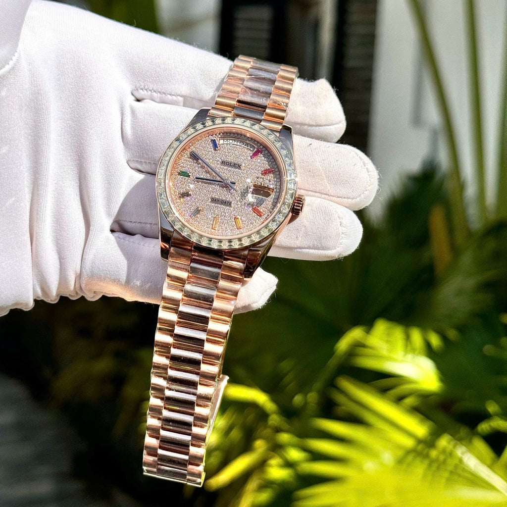 Rolex Day-Date Watch Gold Wrapped End Moissanite Diamonds Baguette 40mm
