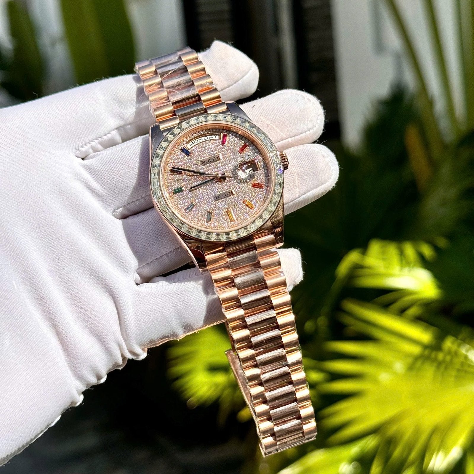 Rolex Day-Date Watch Gold Wrapped End Moissanite Diamonds Baguette 40mm