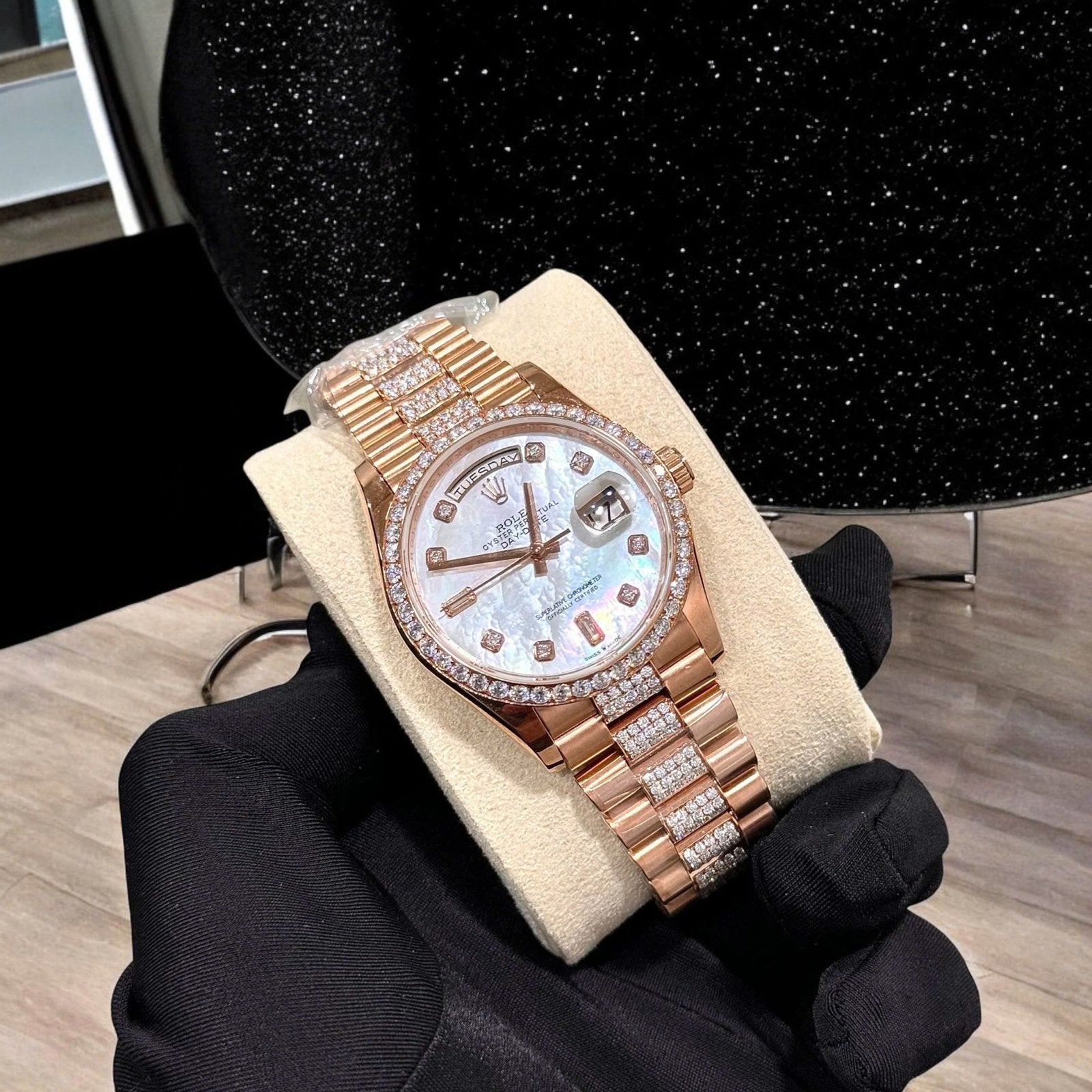 Rolex Day-Date Watch Gold Wrapped Moissanite Diamonds 36mm