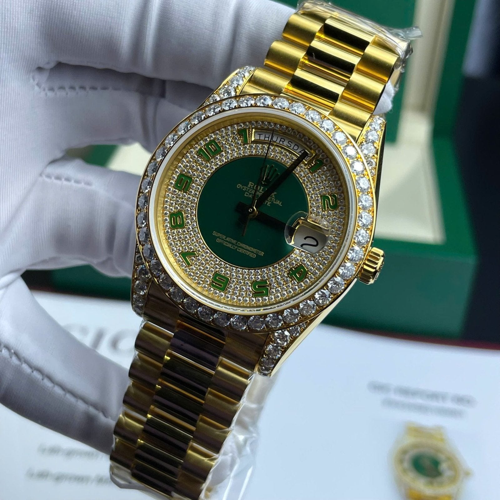 Rolex Day-Date Watch Gold Wrapped + Moissanite Diamonds Weight 173 Gram 40mm