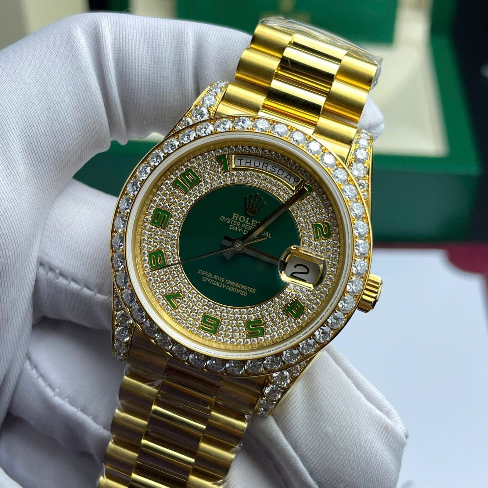 Rolex Day-Date Watch Gold Wrapped + Moissanite Diamonds Weight 173 Gram 40mm