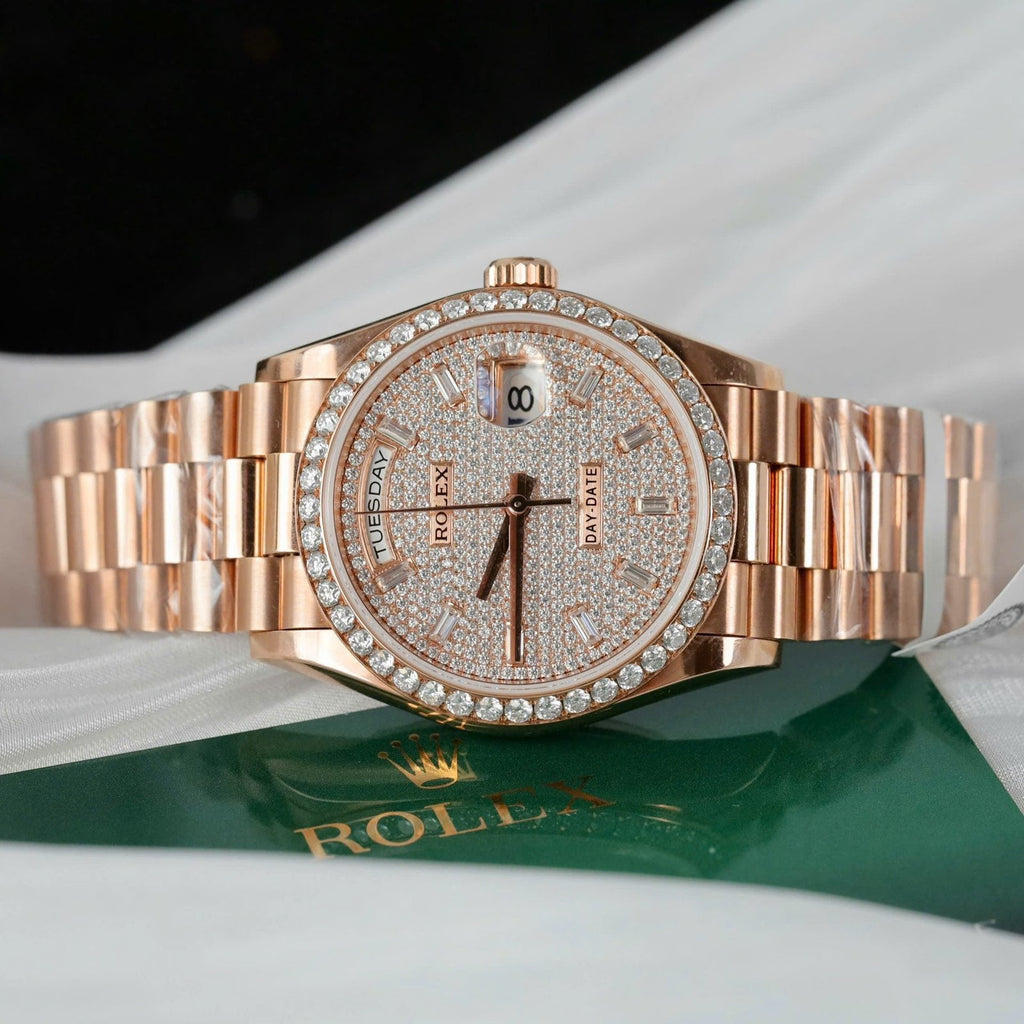Rolex Day-Date Watch 18K Rose Gold Wrapped + Moissanite Diamonds 36mm