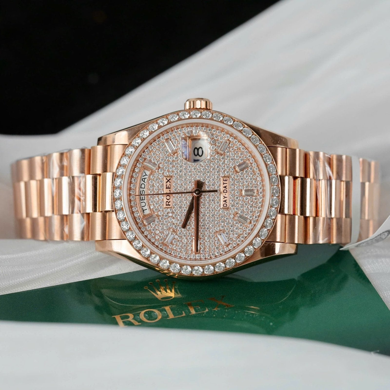 Rolex Day-Date Watch 18K Rose Gold Wrapped + Moissanite Diamonds 36mm