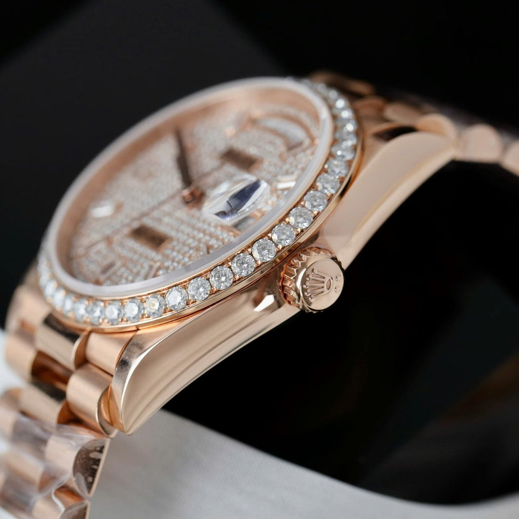 Rolex Day-Date Watch 18K Rose Gold Wrapped + Moissanite Diamonds 36mm