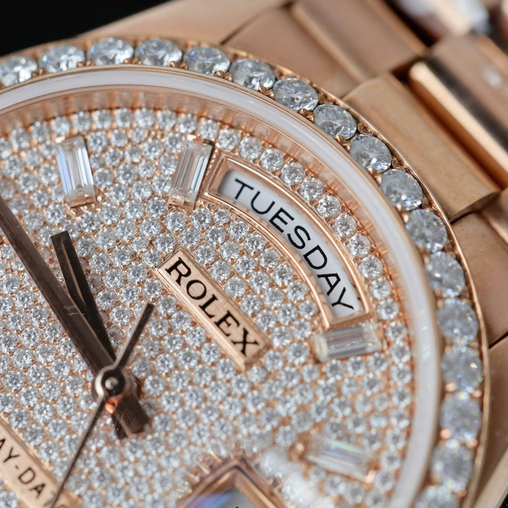 Rolex Day-Date Watch 18K Rose Gold Wrapped + Moissanite Diamonds 36mm