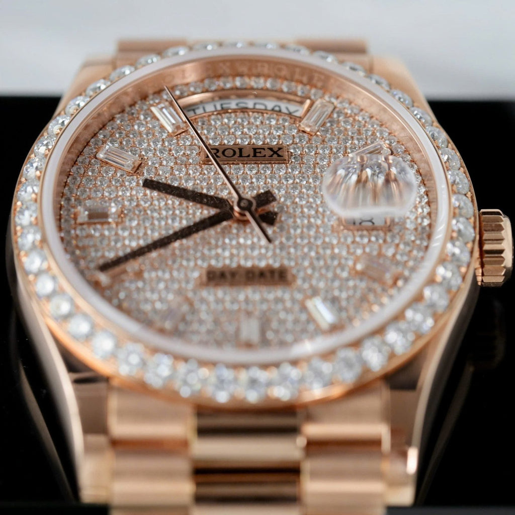 Rolex Day-Date Watch 18K Rose Gold Wrapped + Moissanite Diamonds 36mm