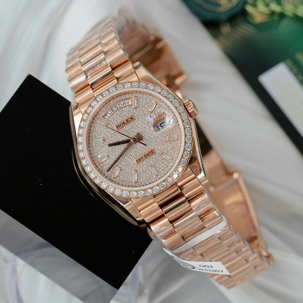 Rolex Day-Date Watch 18K Rose Gold Wrapped + Moissanite Diamonds 36mm
