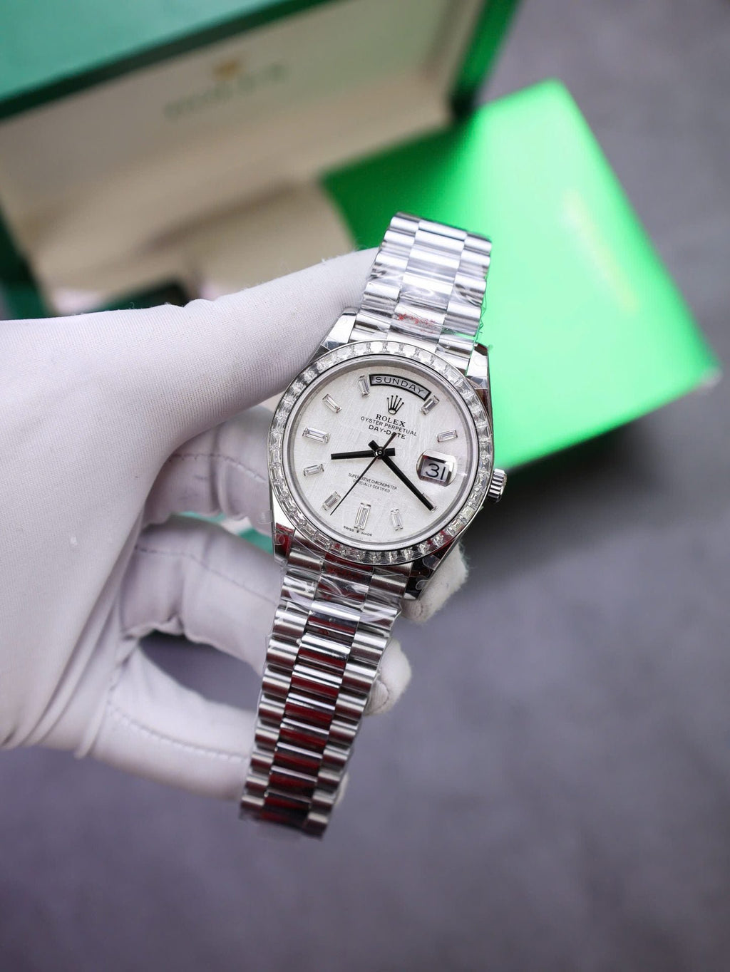 Rolex Day-Date Watch Meteorite Diamonds Moissanite Baguette 40mm