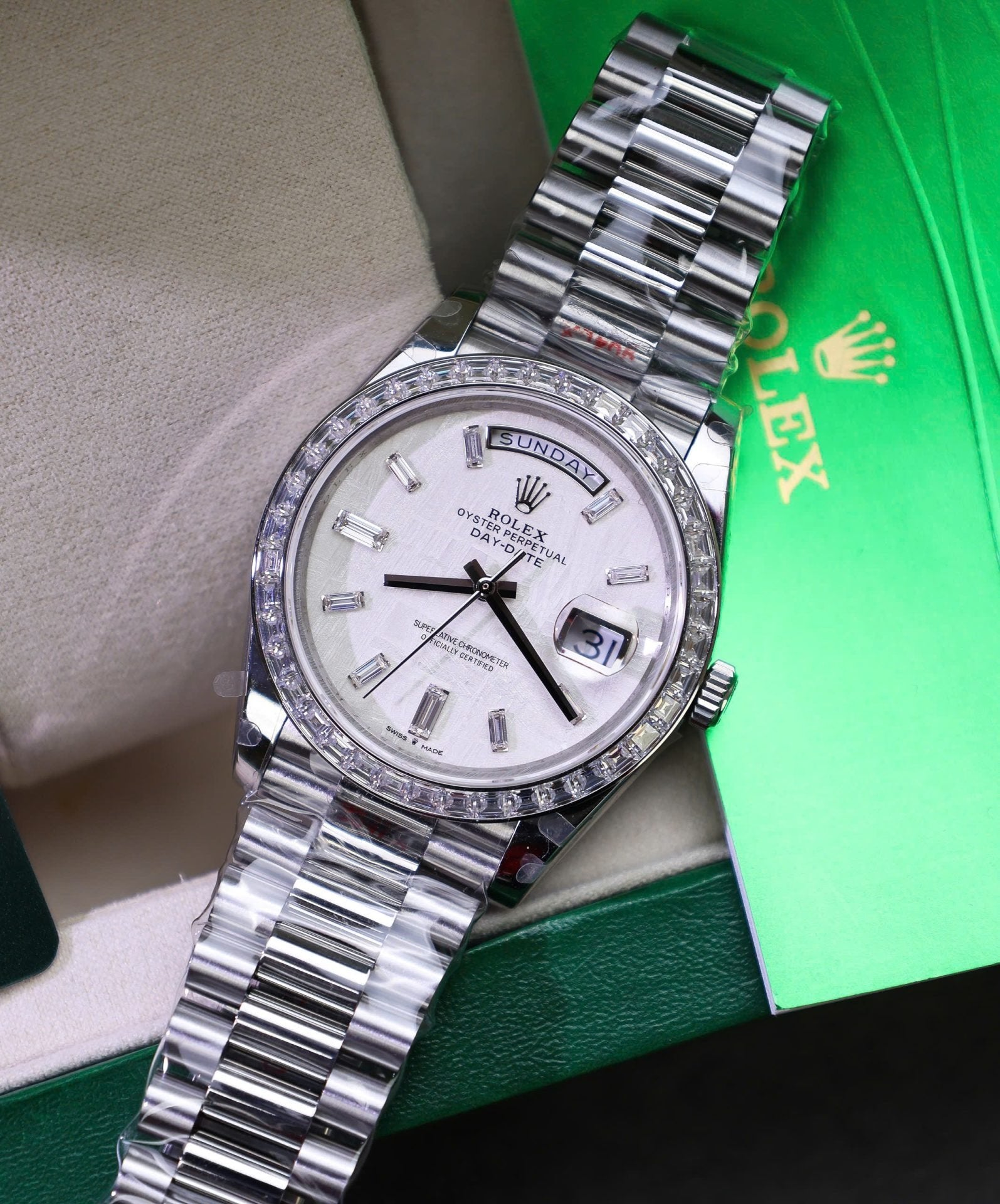 Rolex Day-Date Watch Meteorite Diamonds Moissanite Baguette 40mm