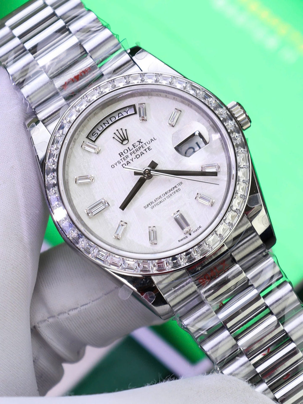 Rolex Day-Date Watch Meteorite Diamonds Moissanite Baguette 40mm