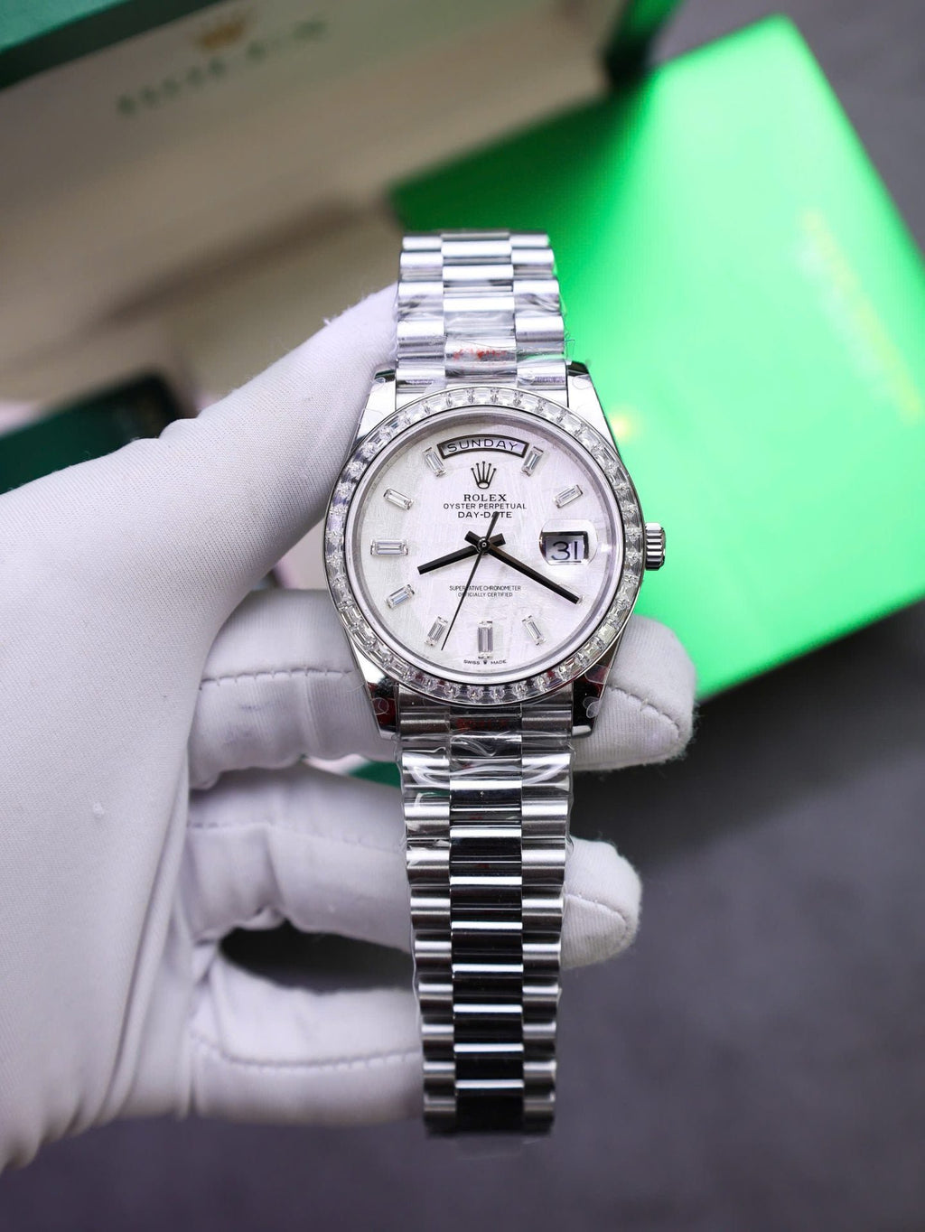 Rolex Day-Date Watch Meteorite Diamonds Moissanite Baguette 40mm