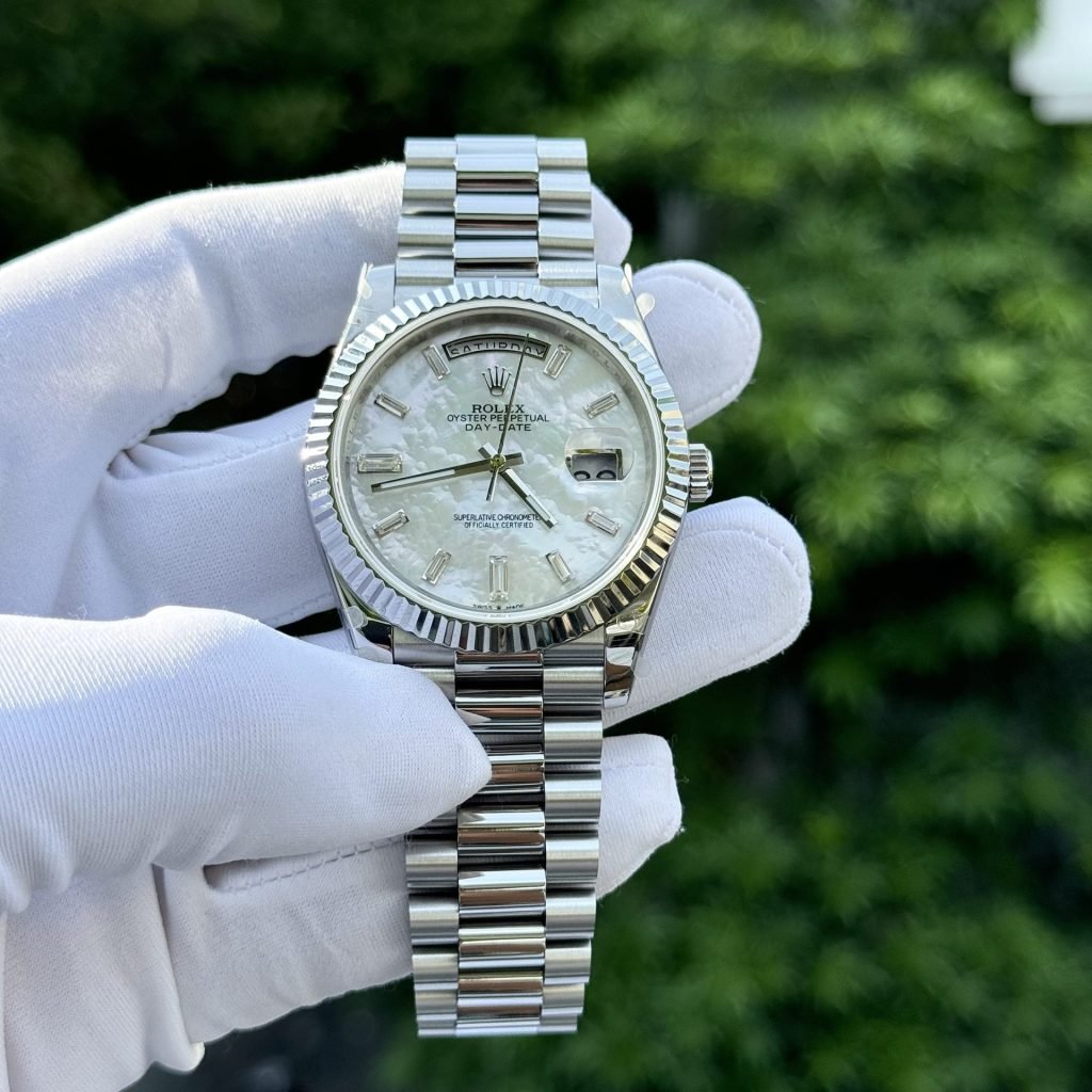 Rolex Day-Date Watch Custom Mother Of Pearl &amp; Moissanite Diamonds Baguetee 40mm