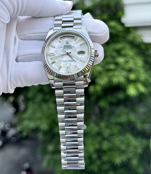 Rolex Day-Date Watch Custom Mother Of Pearl &amp; Moissanite Diamonds Baguetee 40mm