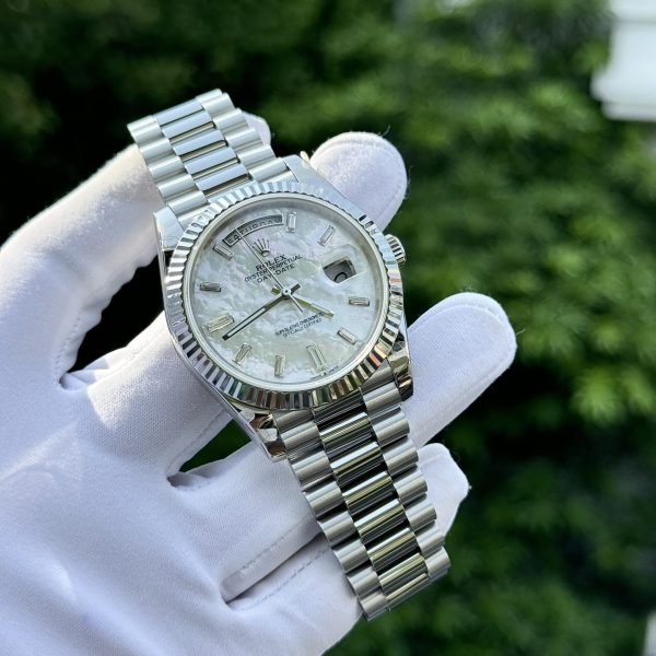 Rolex Day-Date Watch Custom Mother Of Pearl &amp; Moissanite Diamonds Baguetee 40mm