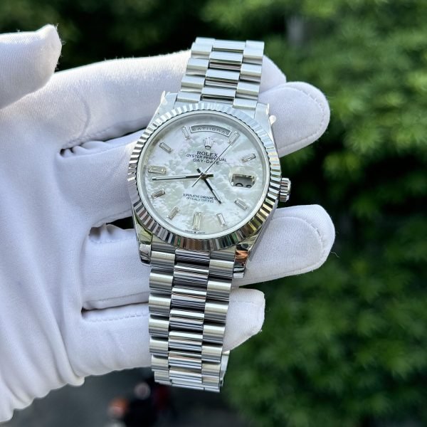 Rolex Day-Date Watch Custom Mother Of Pearl &amp; Moissanite Diamonds Baguetee 40mm