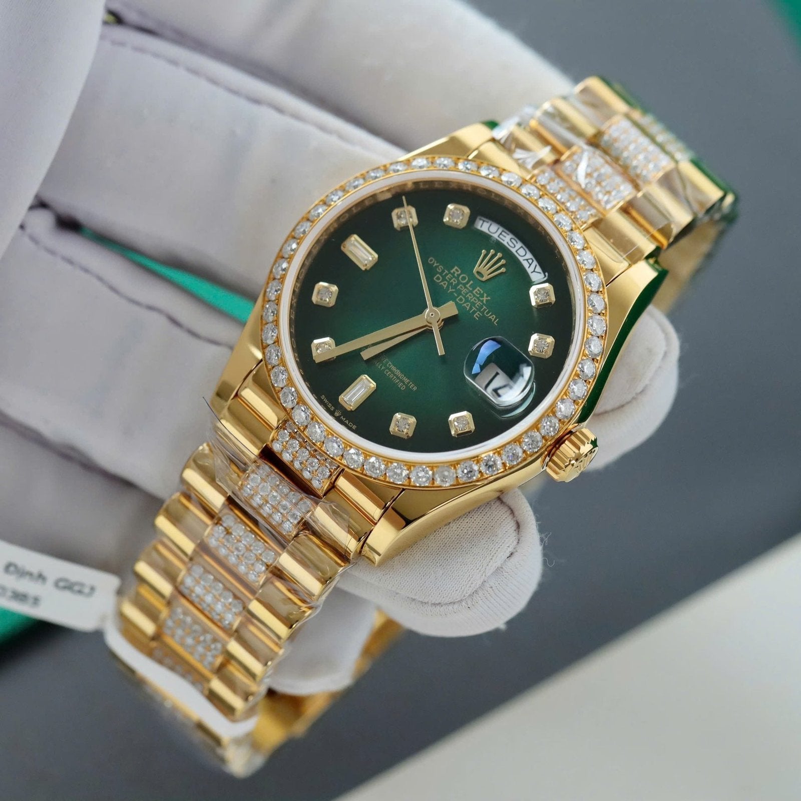 Rolex Day-Date Dial Green Ombre Watch Gold Wrapped + Diamonds Moissanite 36mm