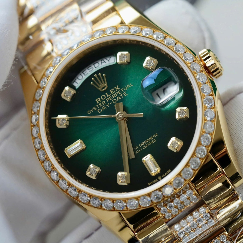 Rolex Day-Date Dial Green Ombre Watch Gold Wrapped + Diamonds Moissanite 36mm