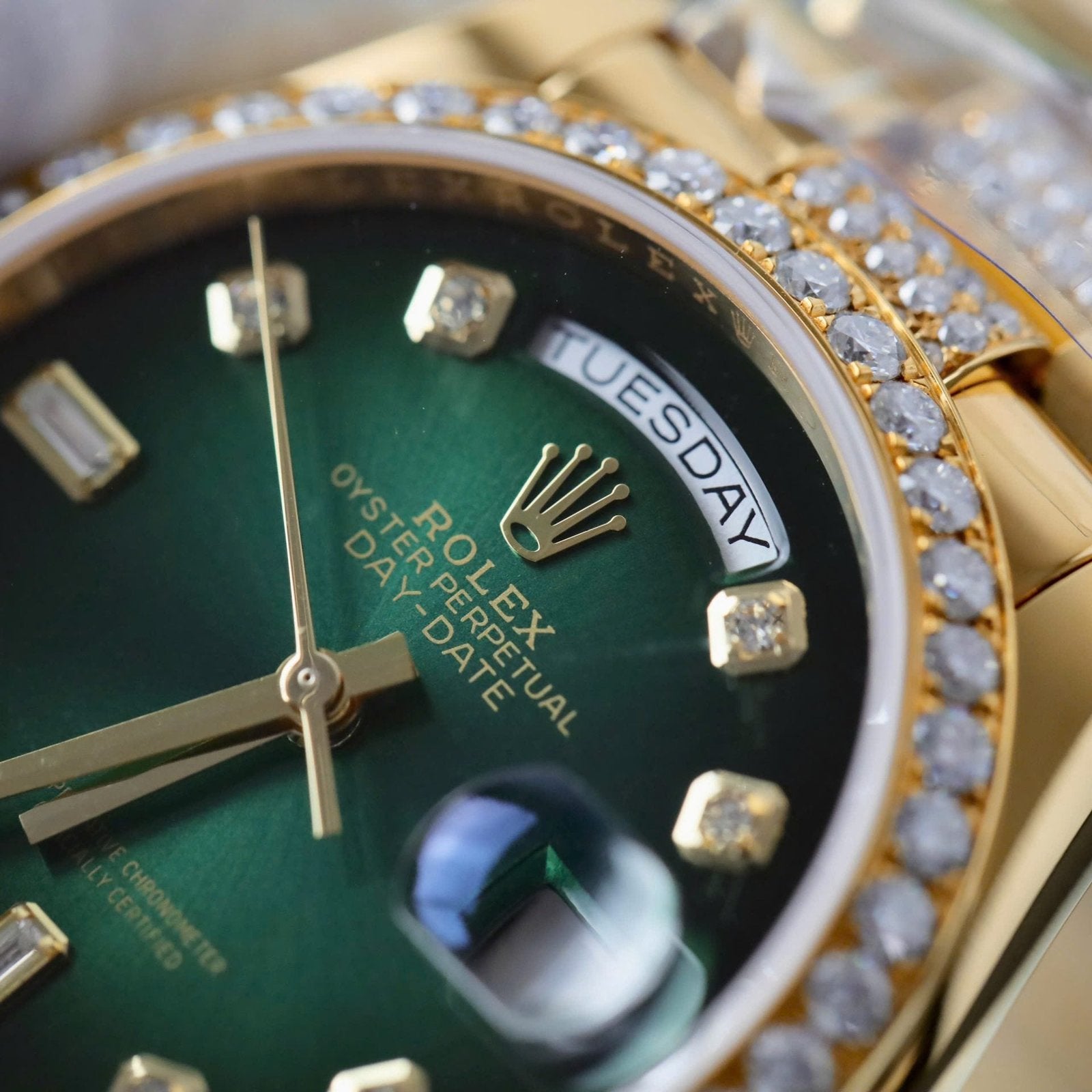 Rolex Day-Date Dial Green Ombre Watch Gold Wrapped + Diamonds Moissanite 36mm